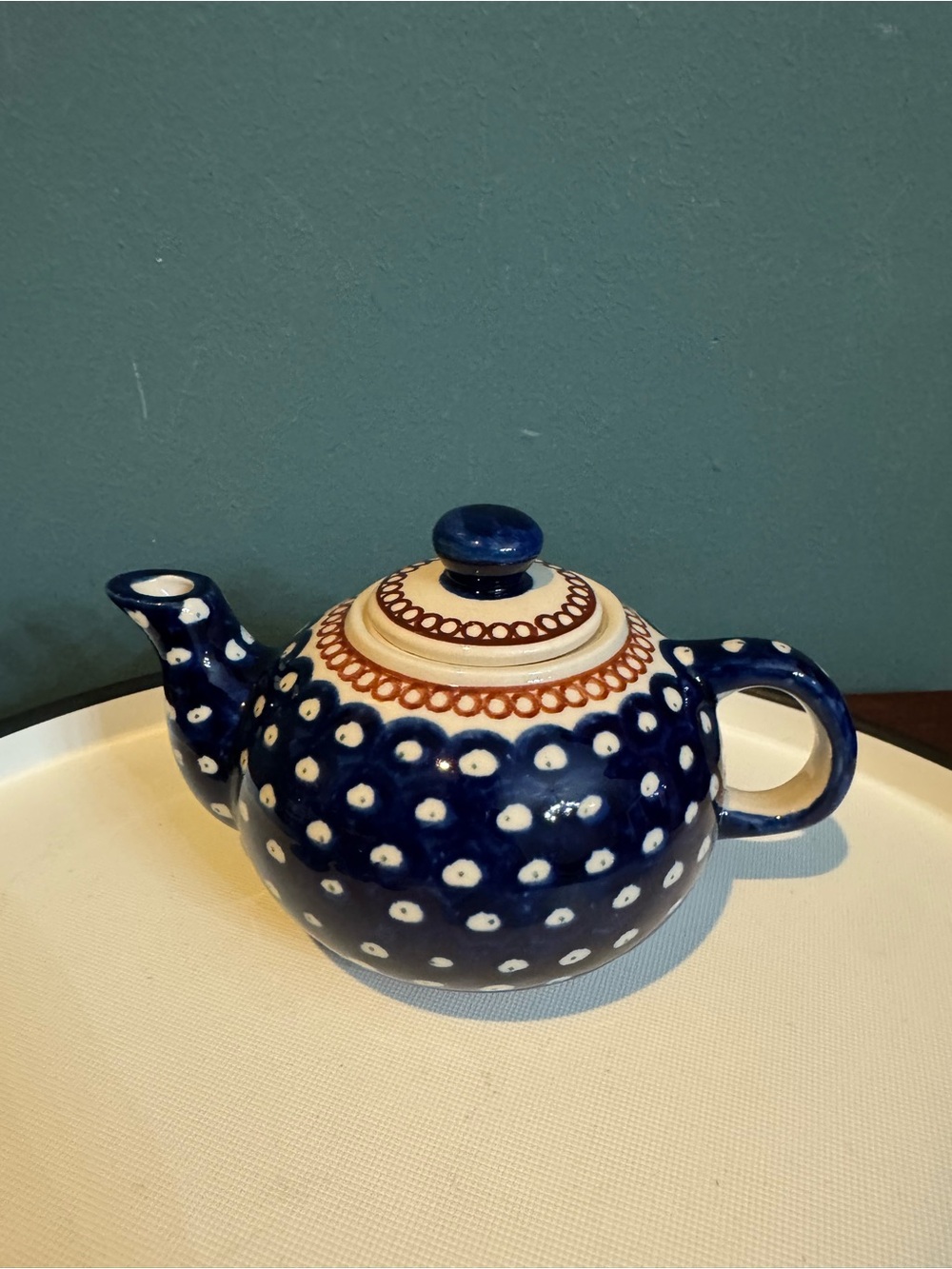 Boleslawiec Polish Pottery Small Blue Peacock Polka Dot Teapot